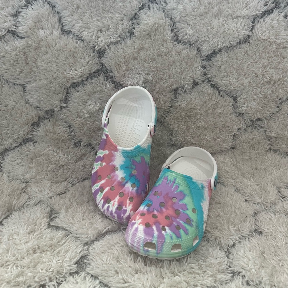 CROCS Pink and Purple WornSandals with Tie Dye Design